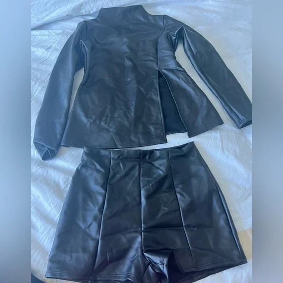Black Faux Leather Long-Sleeve Side-Slit Top and matching shorts - Picture 4 of 4
